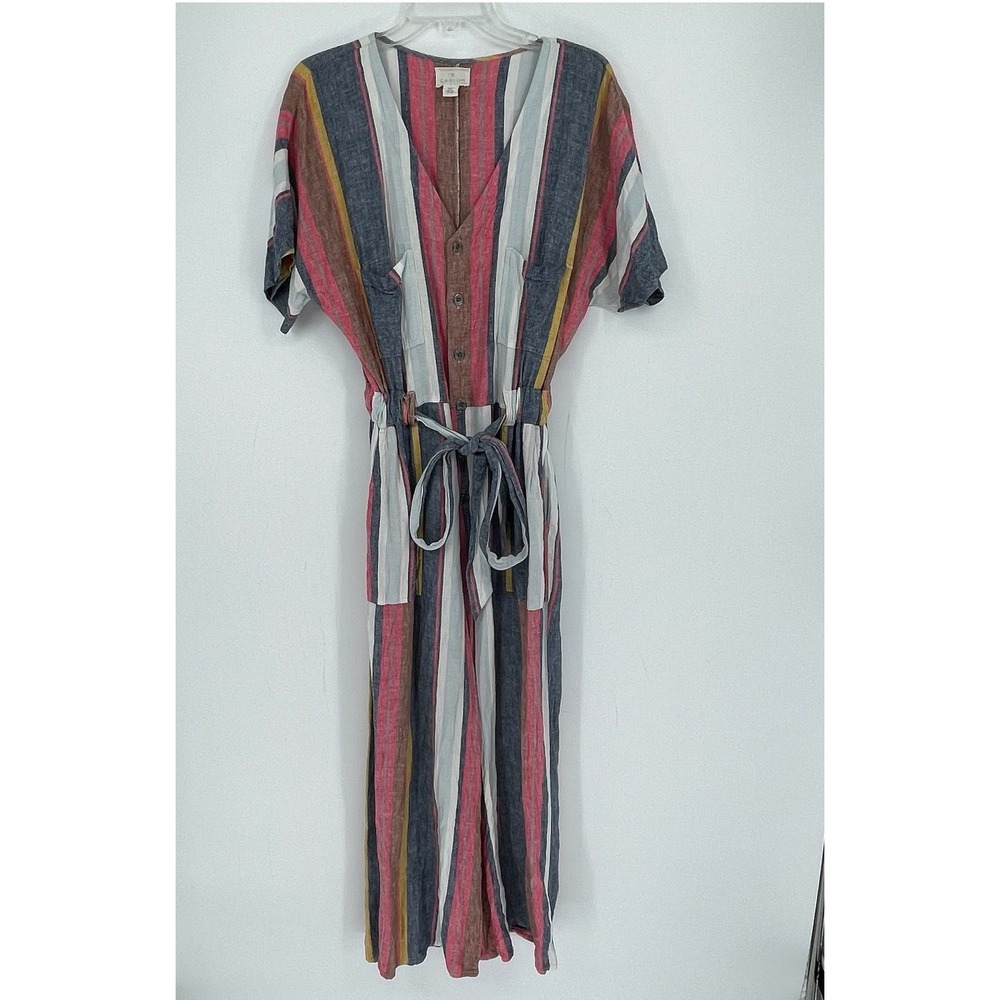 Caslon Women's Multicolor Striped Linen Blend Button Front Jumpsuit Size Large